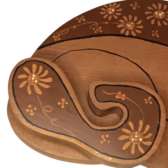 Vintage Wood Sleeping Cat Folk Art Hand Painted W/ Flowers Brown Orange Black** - Picture 8 of 12